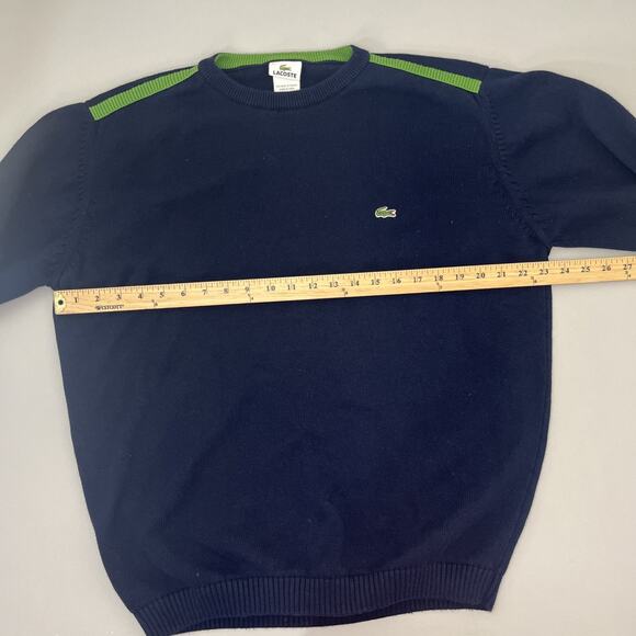 Lacoste Knit Cotton Sweater Mens 7 XL Navy Green Stripe Logo Pullover Jumper - Picture 4 of 9